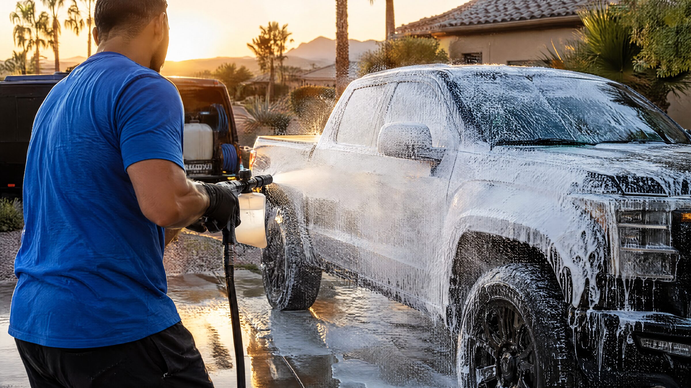 FCJ detailer foaming a black pickup truck in a Las Vegas driveway at sunset